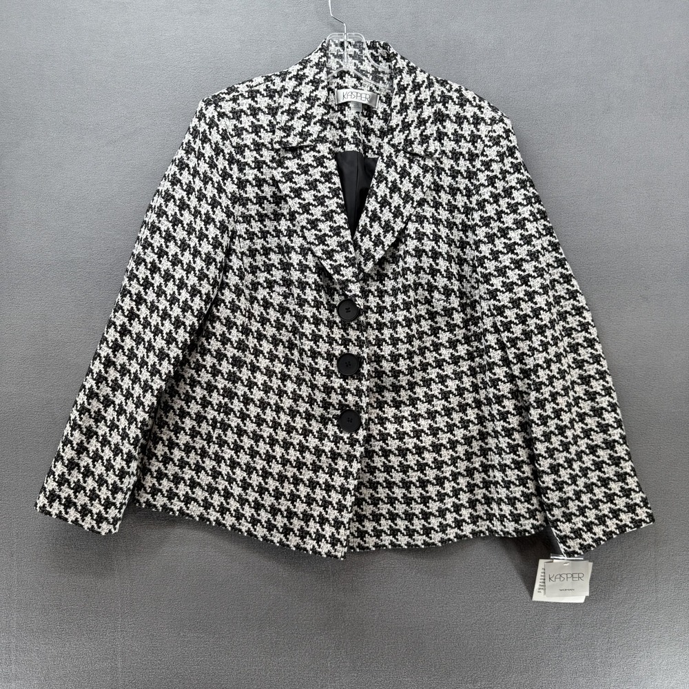 Kasper Blazer Womens 14 Black White Houndstooth Lined Notch Lapel Formal NWT